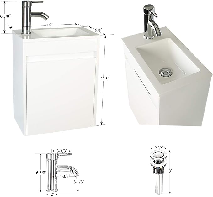 UEV Small Bathroom Vanity Wall Mounted, White, 16*9.8*20.3 in (L*W*H), Modern Style with Ceramic Sink and Chrome Faucet