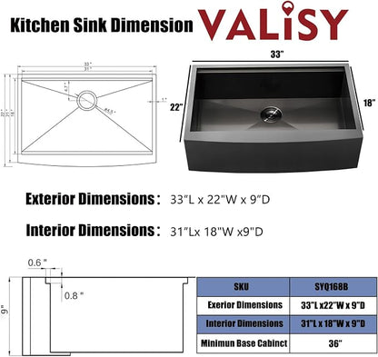 Black Farmhouse Sink 33 Inch - VALISY 33x22 Apron Front Farmhouse Kitchen Sinks 16 Gauge Stainless Steel Undermount Ledge Workstation Deep Single Bowl Luxury Rustic Farm Sinks with All Accessories