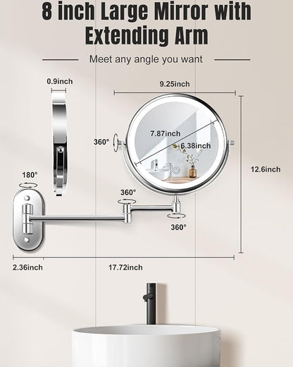 VFD 8'' 30X/1X Wall Mounted Lighted Magnifying Makeup Mirror with Lights | Double Sided Rechargeable Bathroom Mirror, 3 Color Lights Touch Dimmable Extended Arm 360 Rotation Light up Mirrors