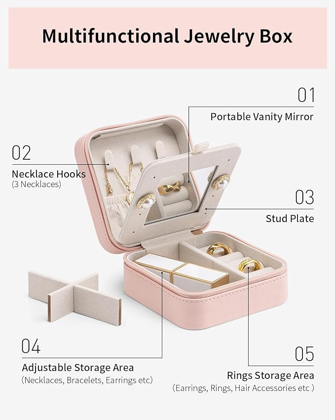 VLANDO Valentines Day Gifts - Small Travel Jewelry Box Organizer -Jewelry Display Case for Girls Women Bridesmaid Gift Rings Earrings Necklaces Storage with Mirror Pink | Necklace Hook for Anti-tangle, Removable Dividers, Waterproof PU Leather,Portable...