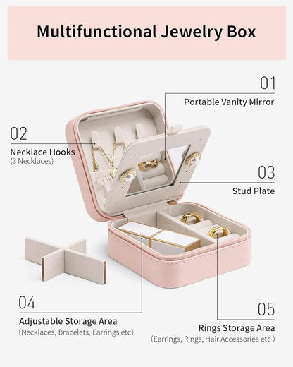 VLANDO Valentines Day Gifts - Small Travel Jewelry Box Organizer -Jewelry Display Case for Girls Women Bridesmaid Gift Rings Earrings Necklaces Storage with Mirror Pink | Necklace Hook for Anti-tangle, Removable Dividers, Waterproof PU Leather,Portable...