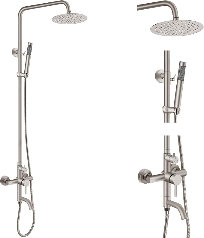 Aolemi Outdoor Shower SUS304 Outside Kit Handheld Tub Spout Brushed Nickel | 8 Inch Head, Handheld Spray, Swivel Tub Faucet, Adjustable Height,Outside Exposed Shower Fixture,Single Handle,Wall Mount