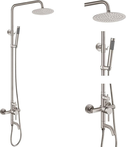 Aolemi Outdoor Shower SUS304 Outside Kit Handheld Tub Spout Brushed Nickel | 8 Inch Head, Handheld Spray, Swivel Tub Faucet, Adjustable Height,Outside Exposed Shower Fixture,Single Handle,Wall Mount