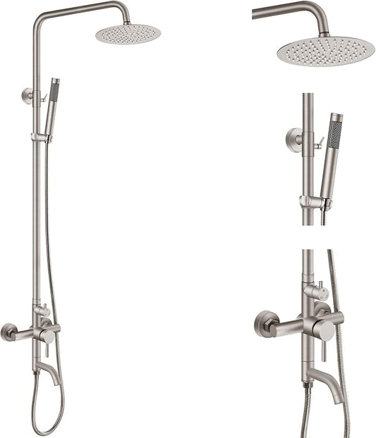 Aolemi Outdoor Shower SUS304 Outside Kit Handheld Tub Spout Brushed Nickel | 8 Inch Head, Handheld Spray, Swivel Tub Faucet, Adjustable Height,Outside Exposed Shower Fixture,Single Handle,Wall Mount