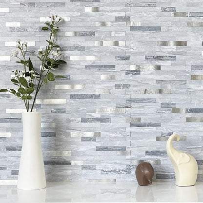 DICOFUN Peel and Stick Backsplash Wall Tiles, 1 Sheet Light Grey Faxu Stone PVC Mixed Metal Kitchen Backsplash Peel and Stick