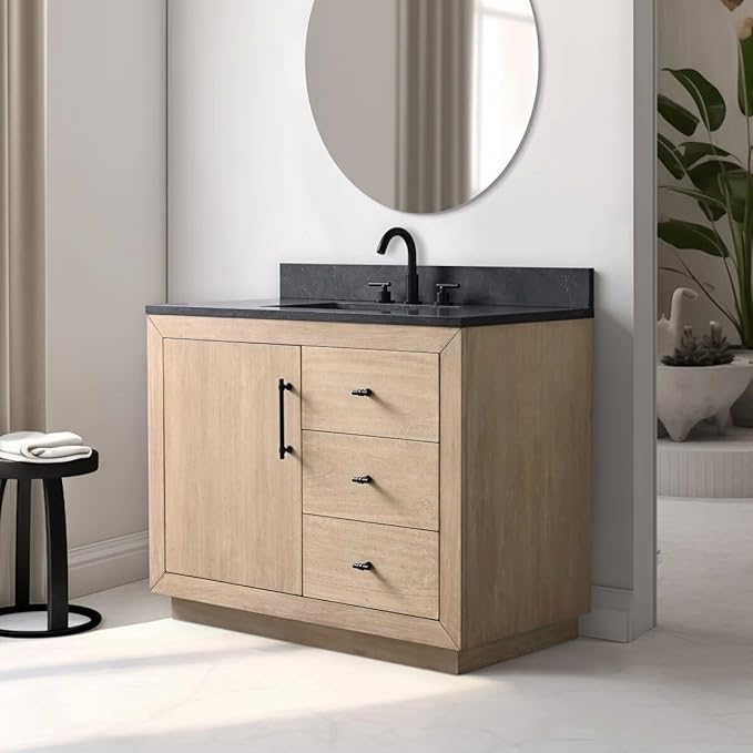 Vanity Art 42" Bathroom Vanity with Sink, Vanity Cabinet with Doors and Shelf, Modern Wood Bathroom Vanity with White Marble Top, Solid Wood Frame, 2 Right Functioning Shaker Drawer,VA70-42-LW-B