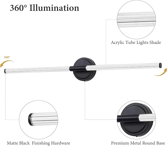 URSOLA 40" Modern LED Bathroom Light Fixtures, Matte Black 3CCT Dimmable Bathroom Vanity Light Over Mirror, Bathroom Vanity Bath Bar Lights with 360° Removable Acrylic Light Tube