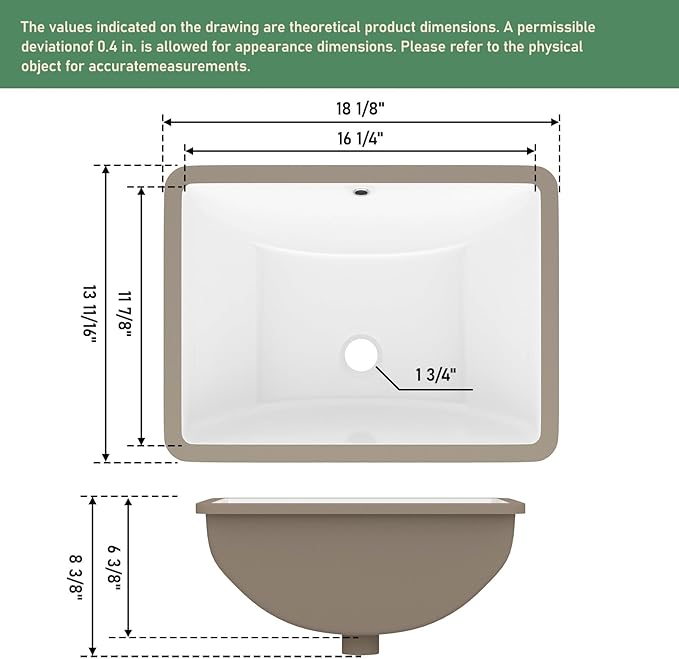 Undermount Bathroom Sink 18x14 Inch White Rectangle Porcelain Vessel Sinks with Curves Bottom Deep Basin with Overflow Lavatory Vanity Sink Mounted Under the Counter