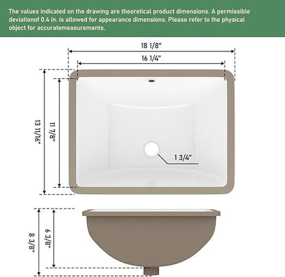 Undermount Bathroom Sink 18x14 Inch White Rectangle Porcelain Vessel Sinks with Curves Bottom Deep Basin with Overflow Lavatory Vanity Sink Mounted Under the Counter
