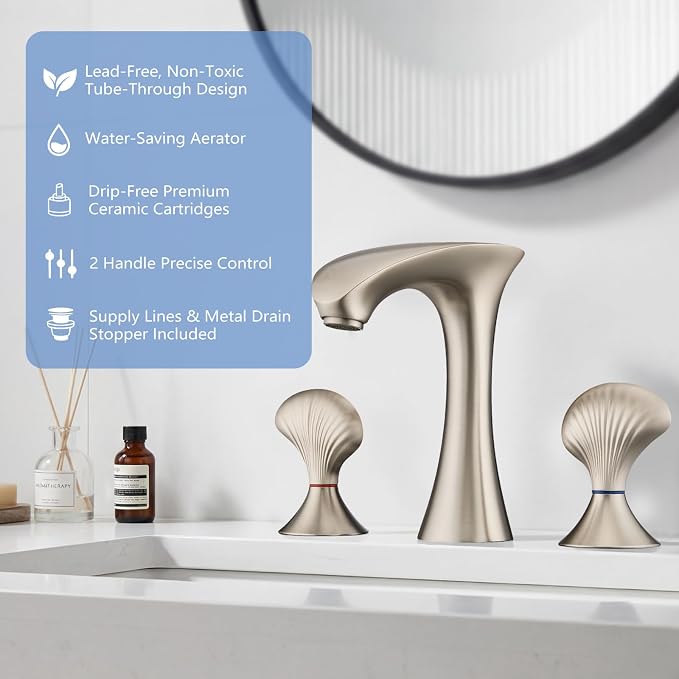 Brushed Nickel Bathroom Faucet 3 Hole, 8 Inch Widespread Bathroom Sink Faucet for Vanity, 2 Handle Bathroom Faucets, Bathroom Vanity Faucet with Pop-Up Drain and Supply Hoses