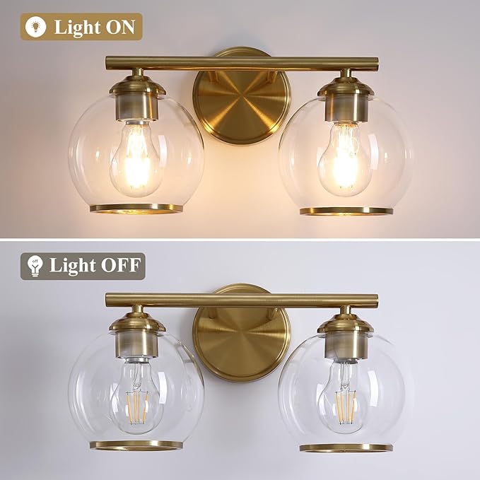 Brushed Gold Bathroom Vanity Light Over Mirror, 2 Light Bathroom Light Fixtures with Clear Globe Glass Shade, Modern Vanity Lighting Wall Mounted