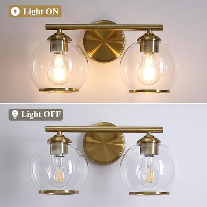 Brushed Gold Bathroom Vanity Light Over Mirror, 2 Light Bathroom Light Fixtures with Clear Globe Glass Shade, Modern Vanity Lighting Wall Mounted