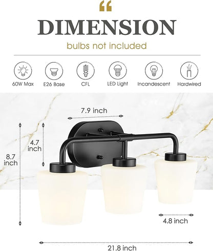 Bathroom Light Fixtures Over Mirror, 3-Light Matte Black Vanity Lighting Fixtures with Milk White Glass, Vintage Farmhouse Wall Sconces Lighting, AD-22004-3W-BK