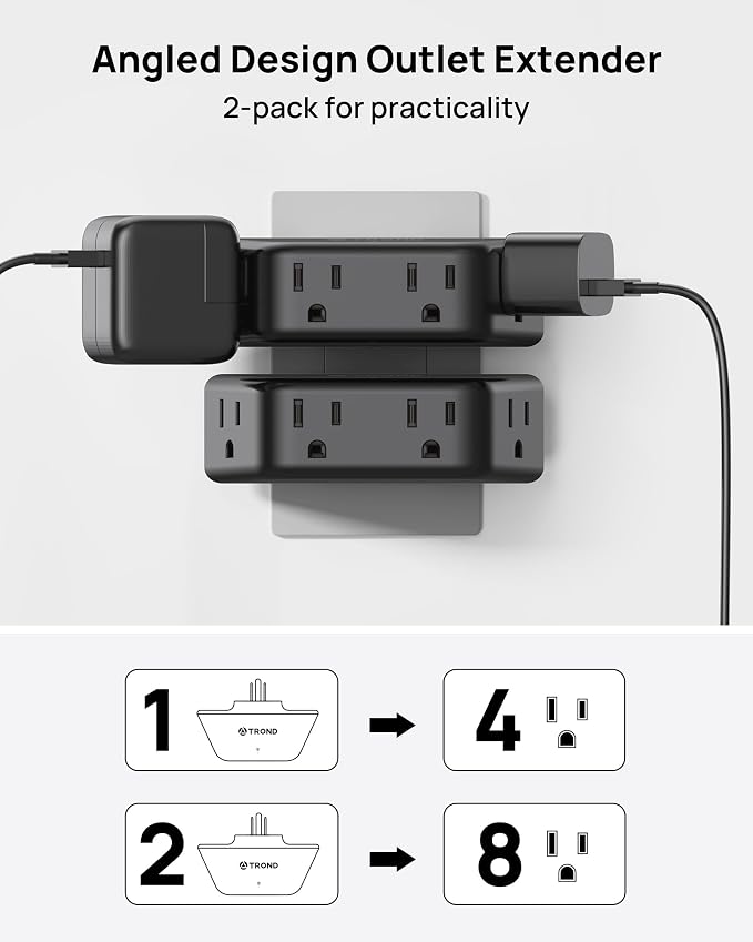 TROND Black 360 Rotating Plug Outlet Extender Surge Protector, 2 Pack | Wall Plug Splitter with 4 Grounded Socket, 3 Way Angled Design, Space-Saving, 900J, for Bathroom Kitchen Office Bedroom