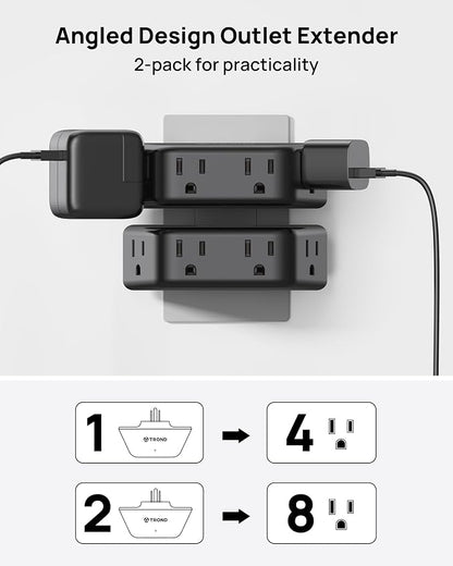 TROND Black 360 Rotating Plug Outlet Extender Surge Protector, 2 Pack | Wall Plug Splitter with 4 Grounded Socket, 3 Way Angled Design, Space-Saving, 900J, for Bathroom Kitchen Office Bedroom
