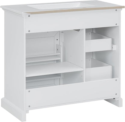 36" Bathroom Vanity with Ceramic Sink,Freestanding Storage Cabinet w/Soft-Close Door and 2 Tip-Out & 2 Drawers,Undermount Single Basin Bath Vanity Set w/Adjustable Shelf,White