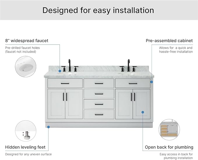 ARIEL Hepburn 72-inch Bathroom Vanity with Sink,Solid Wood, 1.5-inch Italian Carrara Marble Countertop & Backsplash, Double Oval Porcelain Sink, 4 Soft Closing Doors, 6 Dovetail Drawers, Grey