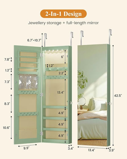 LVSOMT Over The Door Jewelry Organizer, 6 LED Wall Mounted Jewelry Cabinet | Lockable 42.5" Full Length Mirror with Jewelry Storage, Hanging Jewelry Mirror Cabinet, Jewelry Armoire for Women, Green