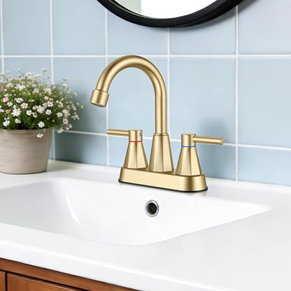Bathroom Sink Faucet Brushed Gold, 2-Handle 4-inch Centerset Faucet | Lead-free stainless steel, pop-up drain included, Detachable faucet aerator, 360°swivel spout, for vanity sink 3-hole mount