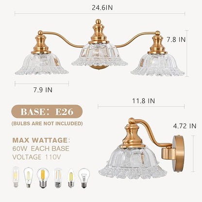 Gold Bathroom Light Fixtures Over Mirror, 3 Light Vintage Bathroom Vanity Light Fixture with Clear Flower Glass Shades, Retro Brass Vanity Lights for Bathroom, Bathroom Vanity Lights Over Mirror