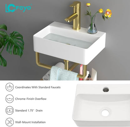 Floating Bathroom Sink Wall Mounted - 14"x10" Rectangular Vessel Sink With Gold Faucet & Drain Combo Small Modern White Ceramic Porcelain Vessel Vanity Sinks