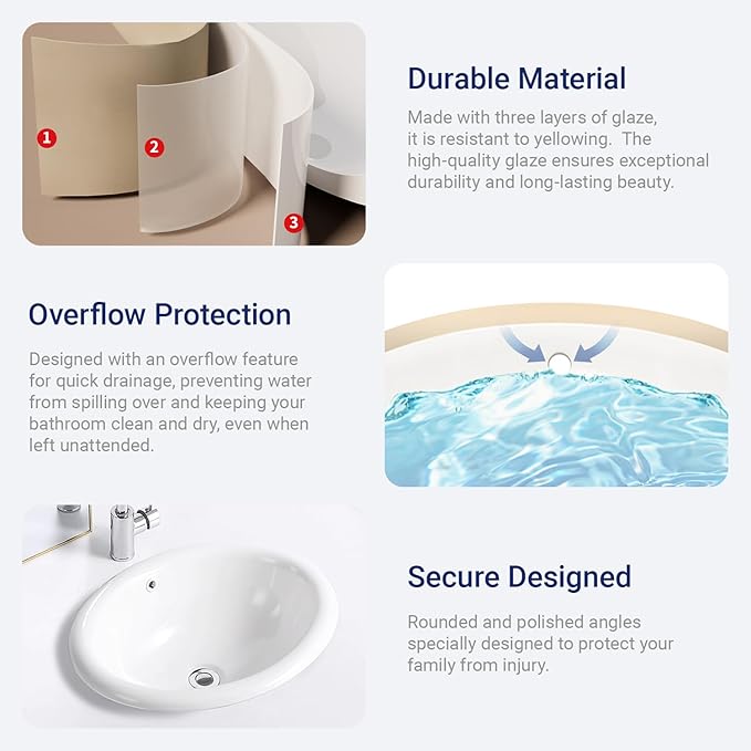 Bathroom Oval Vessel Sink 18" x 15" Semi Recessed Sink White Ceramic Sink with Overflow Modern Sinks Bowl Vanity Above Counter Basin