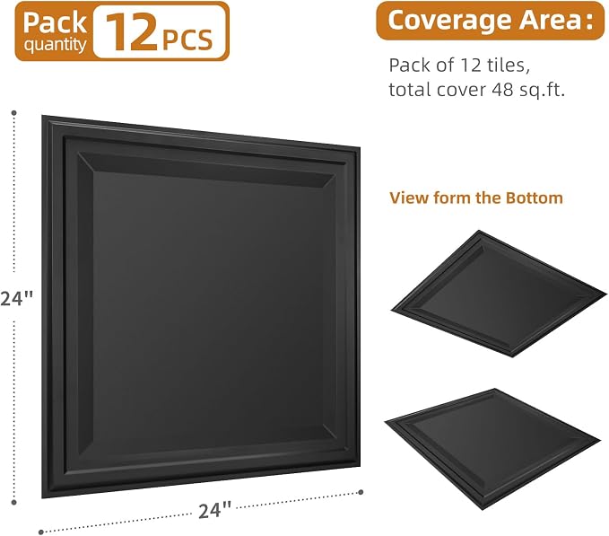 WOWSTAR 12-Pack 24"x24" Drop Ceiling Tiles, Waterproof Glue up Ceiling Panels, Black | PVC ceiling panels, 24"x24", waterproof, glue-up install, basement kitchen bathroom, 12-pack, set C