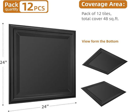 WOWSTAR 12-Pack 24"x24" Drop Ceiling Tiles, Waterproof Glue up Ceiling Panels, Black | PVC ceiling panels, 24"x24", waterproof, glue-up install, basement kitchen bathroom, 12-pack, set C
