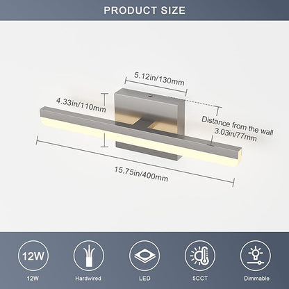 LED Modern Bathroom Light Fixtures 12W Brushed Nickel Vanity Lights Bar 5CCT Dimmable ixture Over Mirror Vanity Light for Bathroom Lighting 15.7 inch ETL Certificated