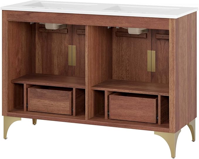 Modway Daylight Bathroom Vanity Cabinet with Ceramic Basin, 48" Double Sink, White Walnut