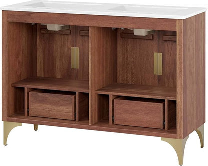 Modway Daylight Bathroom Vanity Cabinet with Ceramic Basin, 48" Double Sink, White Walnut