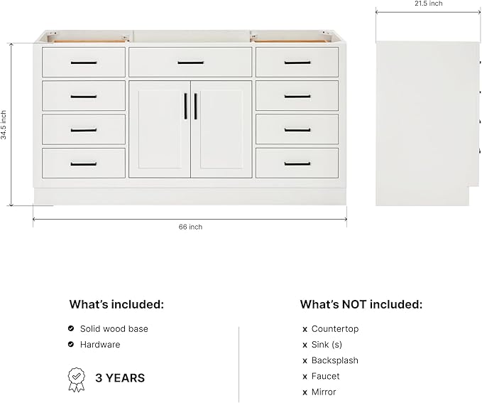 ARIEL Hepburn 66-inch Bathroom Vanity Base Cabinet,Solid Wood, 2 Soft Closing Doors, 9 Dovetail Drawers, White