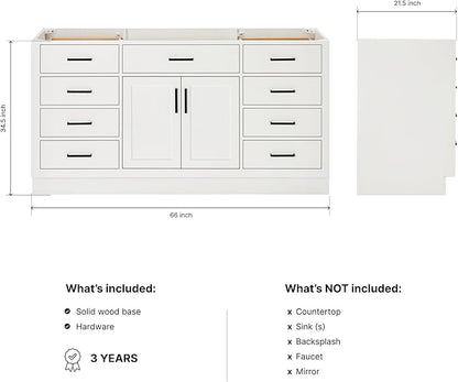 ARIEL Hepburn 66-inch Bathroom Vanity Base Cabinet,Solid Wood, 2 Soft Closing Doors, 9 Dovetail Drawers, White