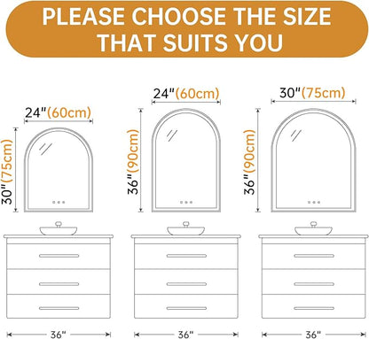 24"x36" Arched LED Mirror for Bathroom, Brushed Gold Lighted Bathroom Mirror with Lights, Fogless, Dimmable, Shatterproof, Touch Sensor, 3 Color Changing