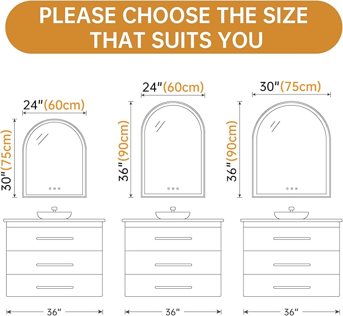 30"x36" Arched LED Mirror for Bathroom, Brushed Gold Lighted Bathroom Mirror with Lights, Fogless, Dimmable, Shatterproof, Touch Sensor, 3 Color Changing