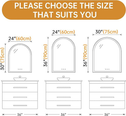 30"x36" Arched LED Lighted Bathroom Mirror with Lights | Black Aluminum Frame, Fogless, Dimmable, Shatterproof, Touch Sensor, 3 Color Changing