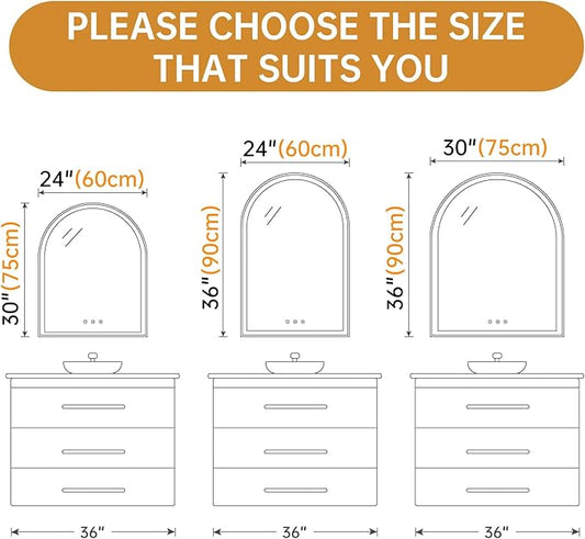 Arched LED Mirror for Bathroom 30"x36", Black LED Bathroom Mirror with Lights-Fogless, Dimmable, 3 Color Changing, Shatterproof, Touch Sensor