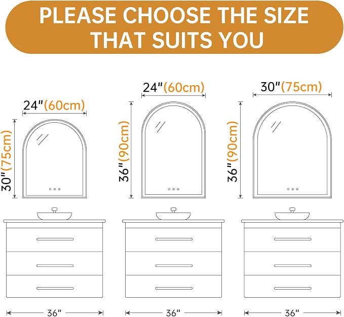 24"x36" Arched LED Lighted Bathroom Mirror with Lights | Silver Aluminum Frame, Fogless, Dimmable, Shatterproof, Touch Sensor, 3 Color Changing