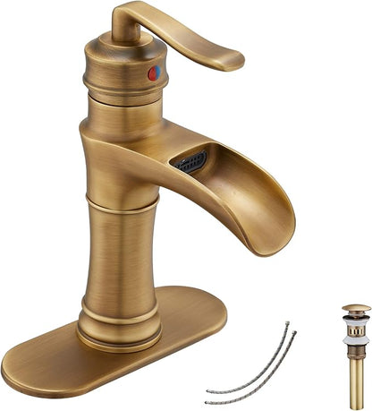 Waterfall Bathroom Faucet Antique Brass GGStudy Single Handle One Hole Farmhouse Bathroom Vanity Faucet Basin Mixter Tap Deck Mount with Drain Assembly