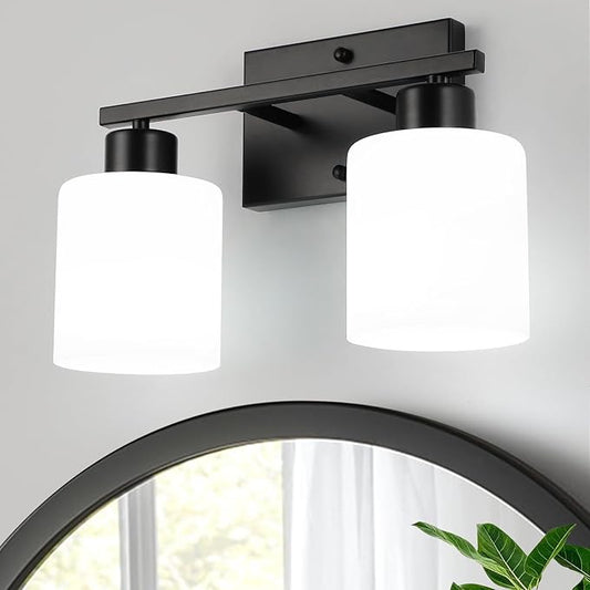 WILON Black Bathroom Light Fixtures Over Mirror, 2 Light Vanity Light with Milky White Glass Shades, Modern Bathroom Sconces, Wall Lamp for Living Room Bedroom Kitchen