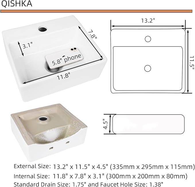 Wall Hung Bathroom Vessel Sink, QISHKA 13" X 11.5" Rectangular Floating Ceramic Wash Hand Basin White Wall Mount Vanity Sink for Small Bathroom and Small Cloakroom