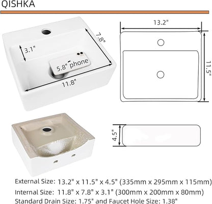 Wall Hung Bathroom Vessel Sink, QISHKA 13" X 11.5" Rectangular Floating Ceramic Wash Hand Basin White Wall Mount Vanity Sink for Small Bathroom and Small Cloakroom
