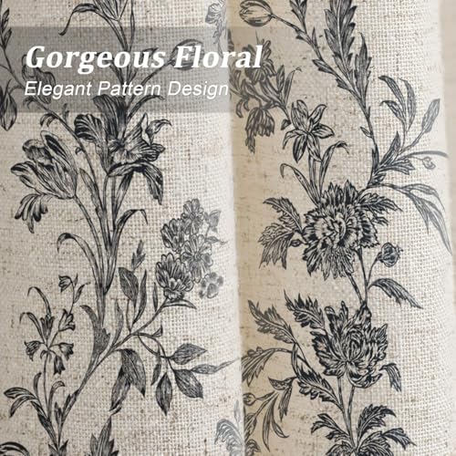 Black Floral Shower Curtain,Vintage Linen Beige Cottagecore Shower Curtains for Bathroom, 72" W x 72" L