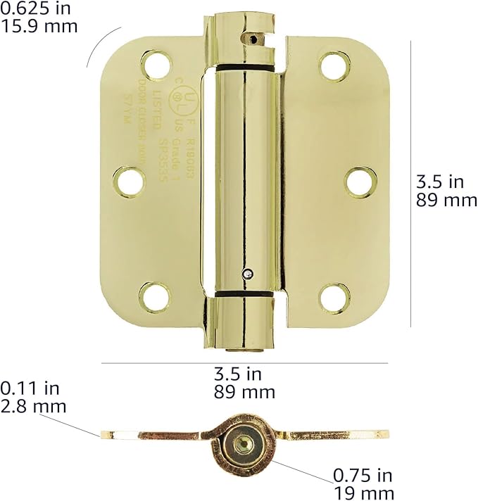 Amazon Basics Self-Closing Door Hinge, 3.5 Inch x 3.5 Inch, Polished Brass, 1-Piece, Hardware Included