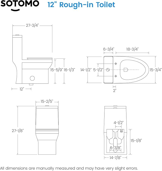 SOTOMO Elongated One Piece Toilet, 12" Rough-In, Compact Design for Bathrooms, 1.1/1.6 GPF Dual Flush toilet, MAP 1000g, Soft-Closing Seat, White Toilet Bowl - 27.75"D x 15.4"W x 27.13"H