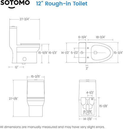 SOTOMO Elongated One Piece Toilet, 12" Rough-In, Compact Design for Bathrooms, 1.1/1.6 GPF Dual Flush toilet, MAP 1000g, Soft-Closing Seat, White Toilet Bowl - 27.75"D x 15.4"W x 27.13"H