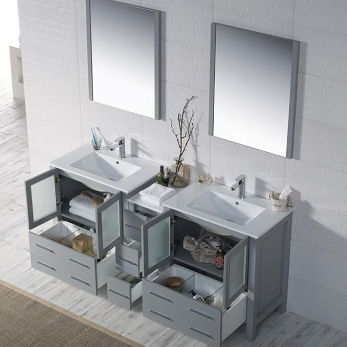 Blossom 72" Solid Wood Double Sink Bathroom Vanity with Side Cabinet | Metal Grey Master Bath Furniture | Anti-Warp Painted Finish, Soft-Close Full Extension Drawers & Tempered Glass Modern Style