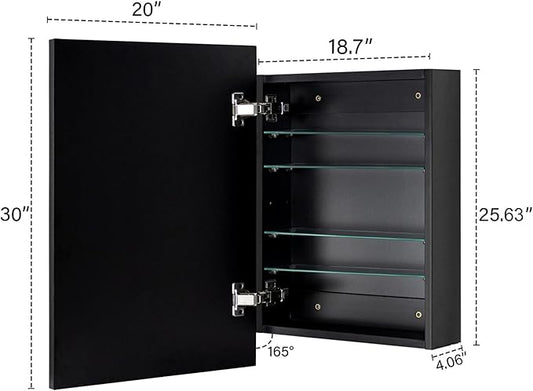 TEHOME 20'' x 30'' Black Recessed and Surface Mount Bathroom Medicine Cabinet with Mirror Matt Black Square Cornered Metal Framed Rounded Rectangle Medicine Cabinet Mirror