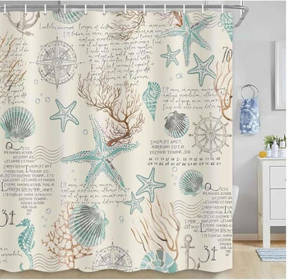 Nautical Coastal Beach Shower Curtain, Coral Starfish Seashell Ocean Bathroom Curtains, Fun Kids Bathroom Shower Curtain with Hooks Set 36X72inch.