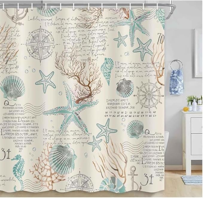 Nautical Coastal Beach Shower Curtain, Coral Starfish Seashell Ocean Bathroom Curtains, Fun Kids Bathroom Shower Curtain with Hooks Set 60X72inch.